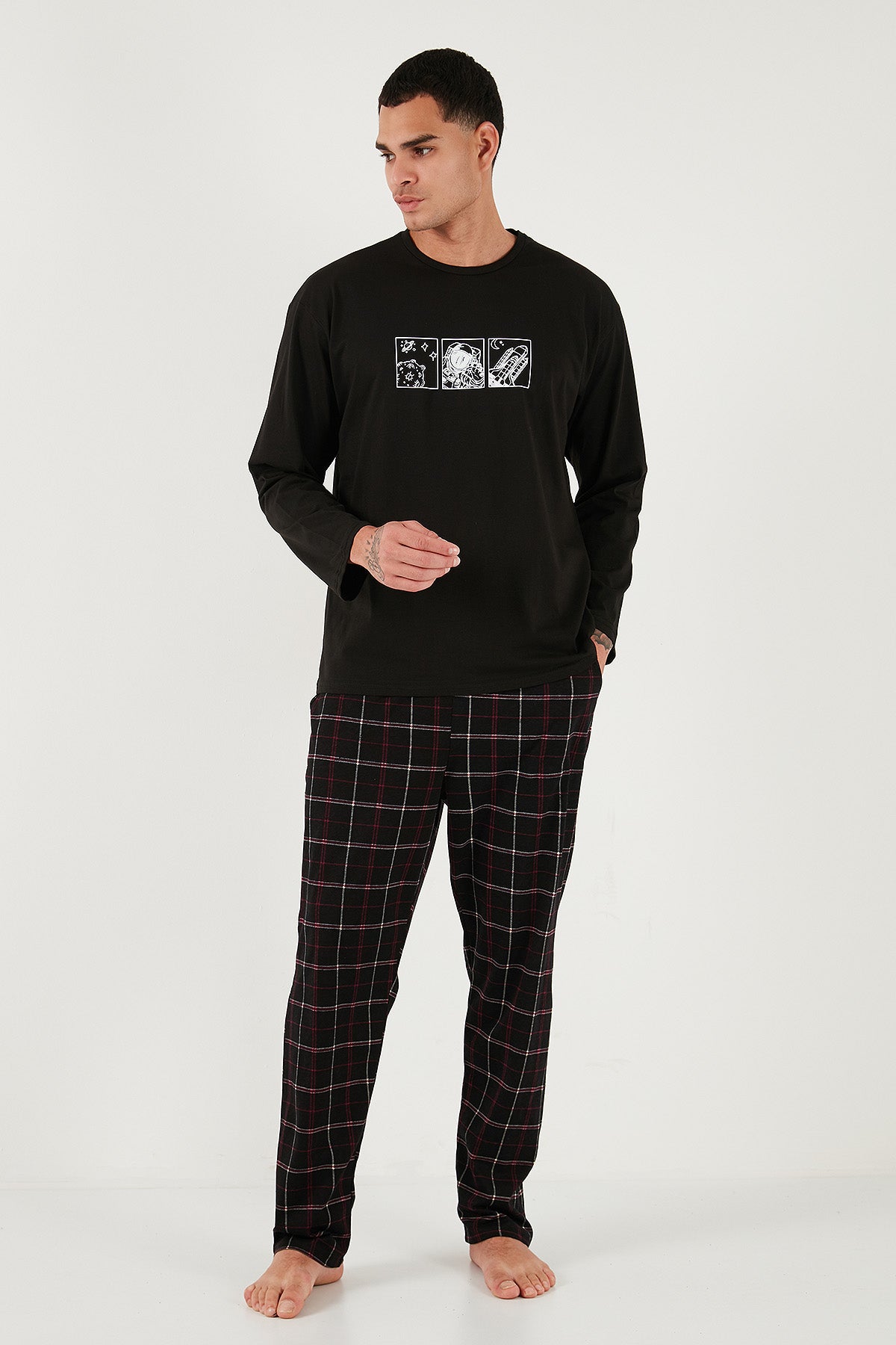 Buratti Ekoseli Pamuklu Regular Fit Yüksek Bel Bisiklet Yaka Erkek Pijama Takımı 6574000 SİYAH