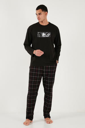 Buratti Ekoseli Pamuklu Regular Fit Yüksek Bel Bisiklet Yaka Erkek Pijama Takımı 6574000 SİYAH