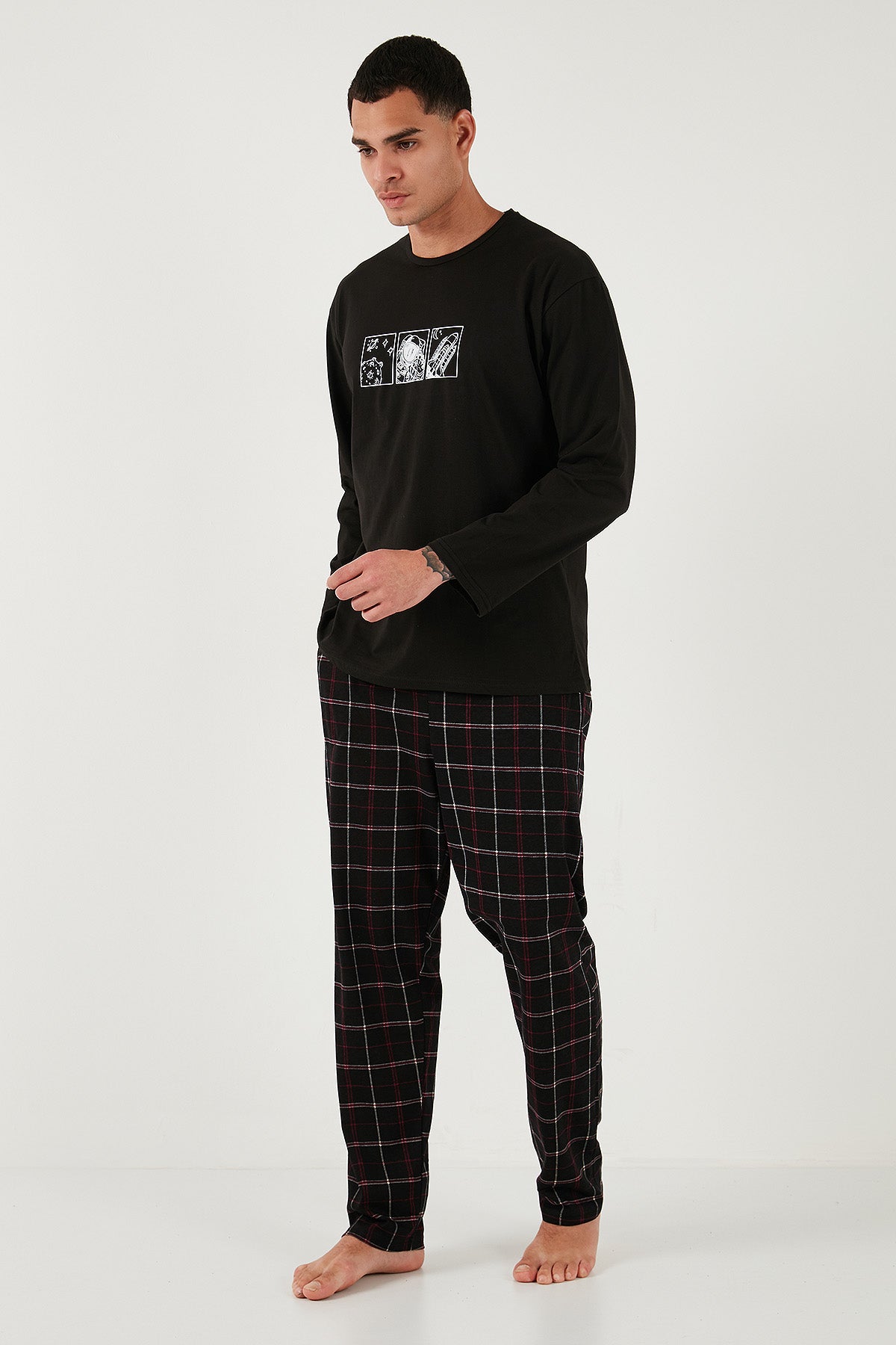 Buratti Ekoseli Pamuklu Regular Fit Yüksek Bel Bisiklet Yaka Erkek Pijama Takımı 6574000 SİYAH