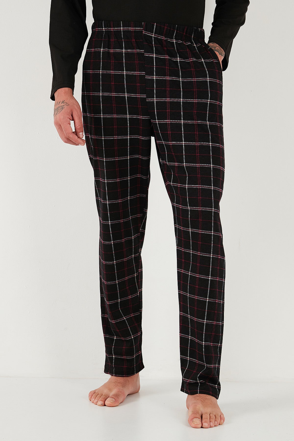 Buratti Ekoseli Pamuklu Regular Fit Yüksek Bel Bisiklet Yaka Erkek Pijama Takımı 6574000 SİYAH