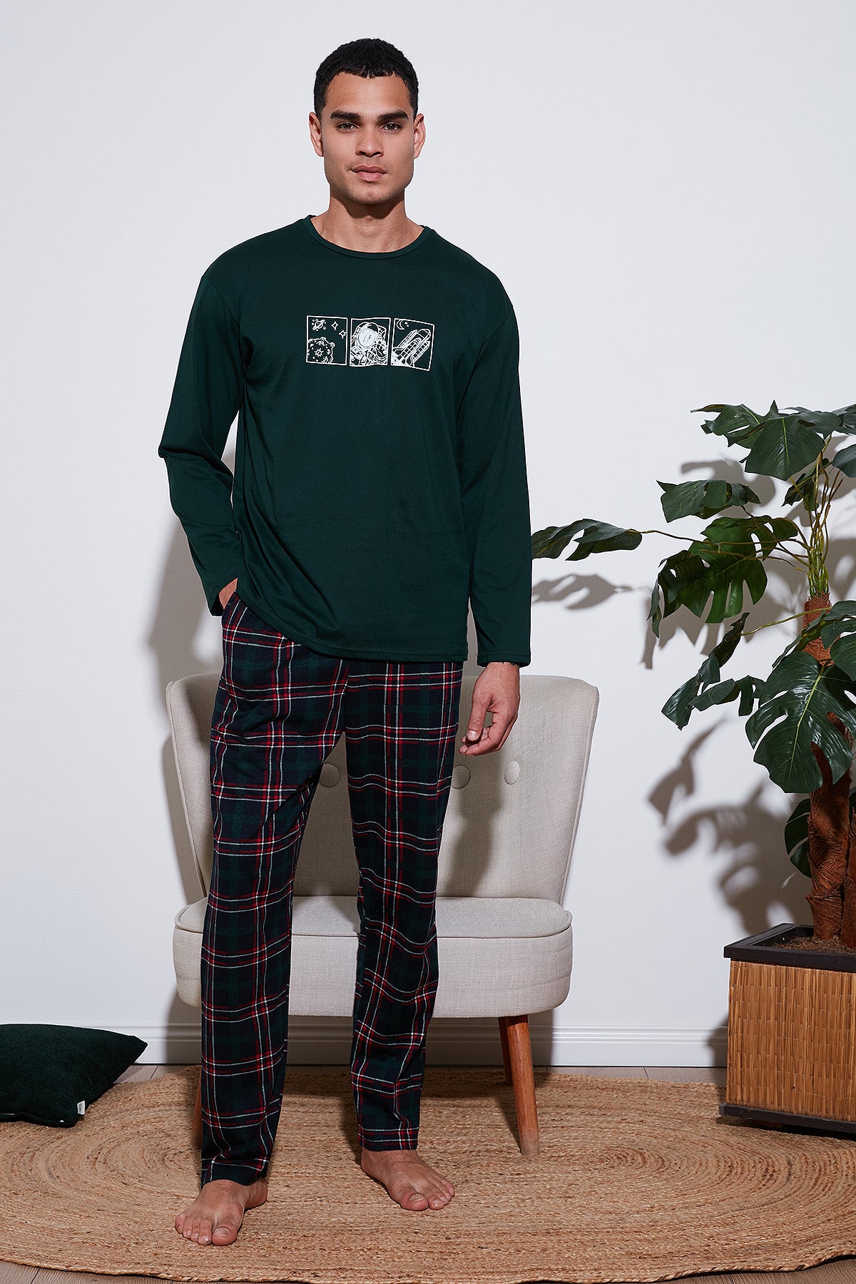 Buratti Ekoseli Pamuklu Regular Fit Yüksek Bel Bisiklet Yaka Erkek Pijama Takımı 6574000 YEŞİL
