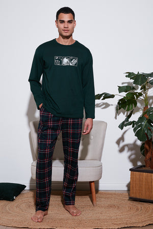 Buratti Ekoseli Pamuklu Regular Fit Yüksek Bel Bisiklet Yaka Erkek Pijama Takımı 6574000 YEŞİL