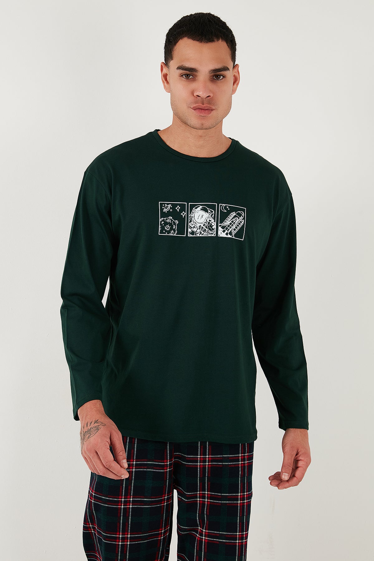 Buratti Ekoseli Pamuklu Regular Fit Yüksek Bel Bisiklet Yaka Erkek Pijama Takımı 6574000 YEŞİL