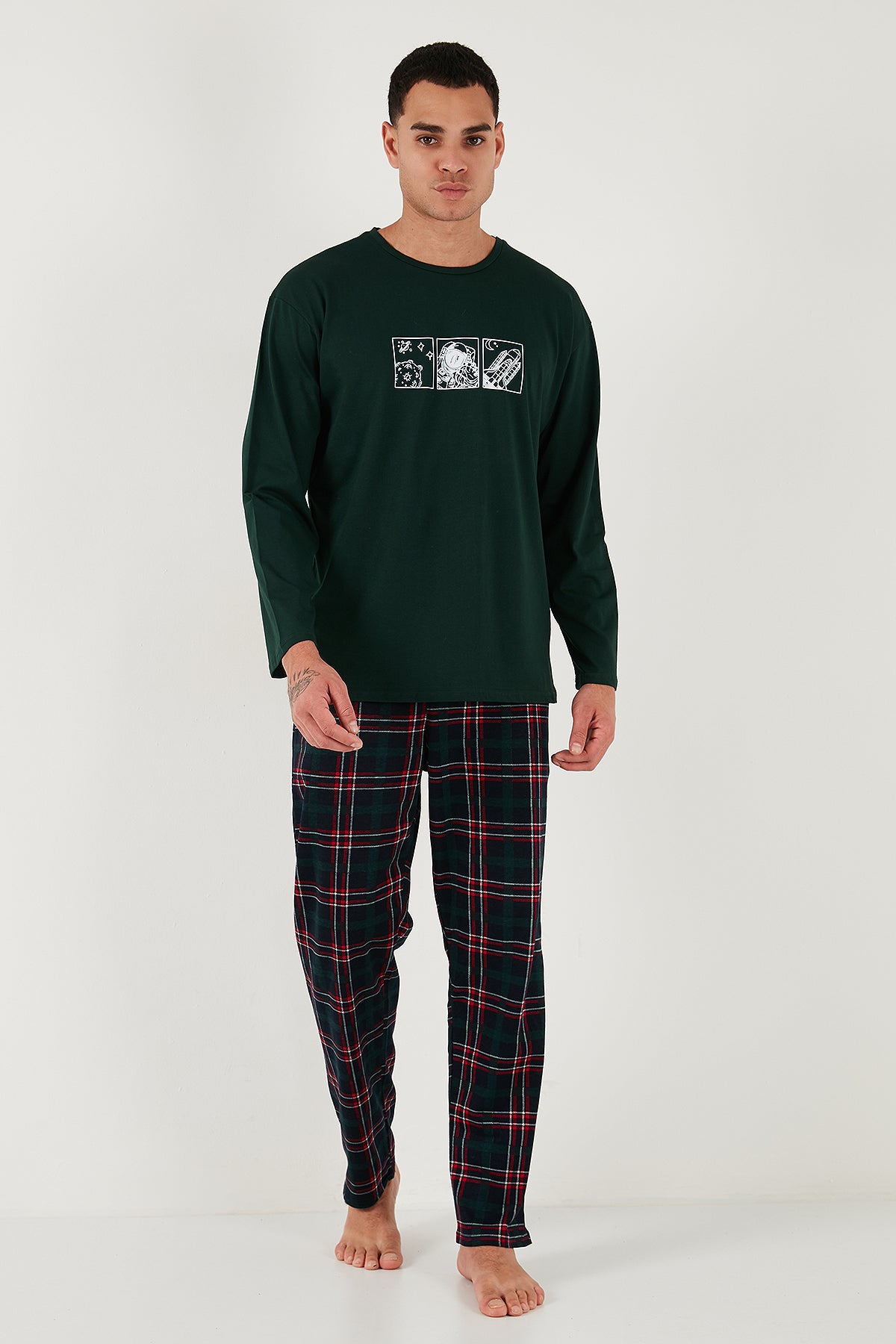 Buratti Ekoseli Pamuklu Regular Fit Yüksek Bel Bisiklet Yaka Erkek Pijama Takımı 6574000 YEŞİL
