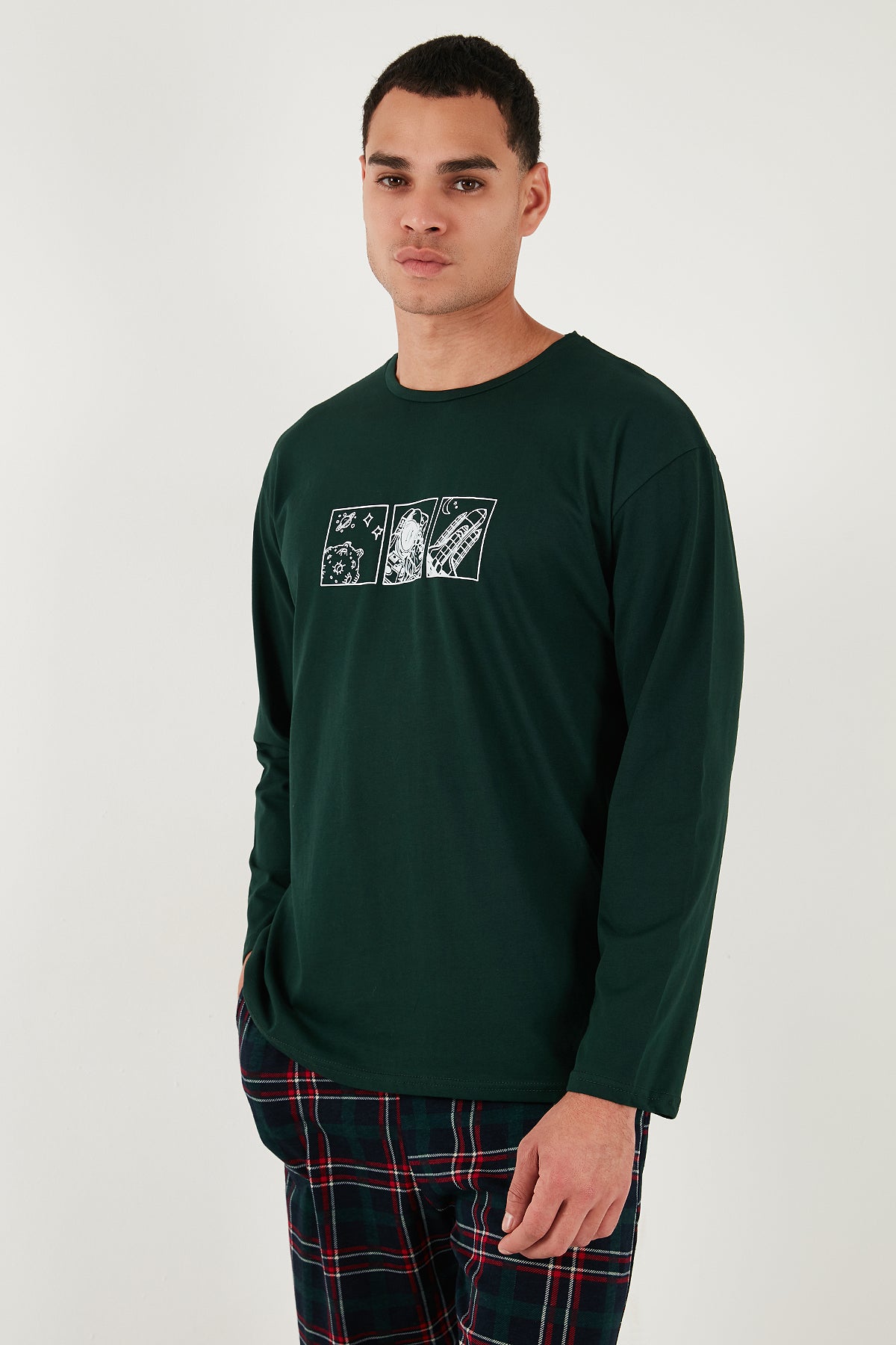 Buratti Ekoseli Pamuklu Regular Fit Yüksek Bel Bisiklet Yaka Erkek Pijama Takımı 6574000 YEŞİL