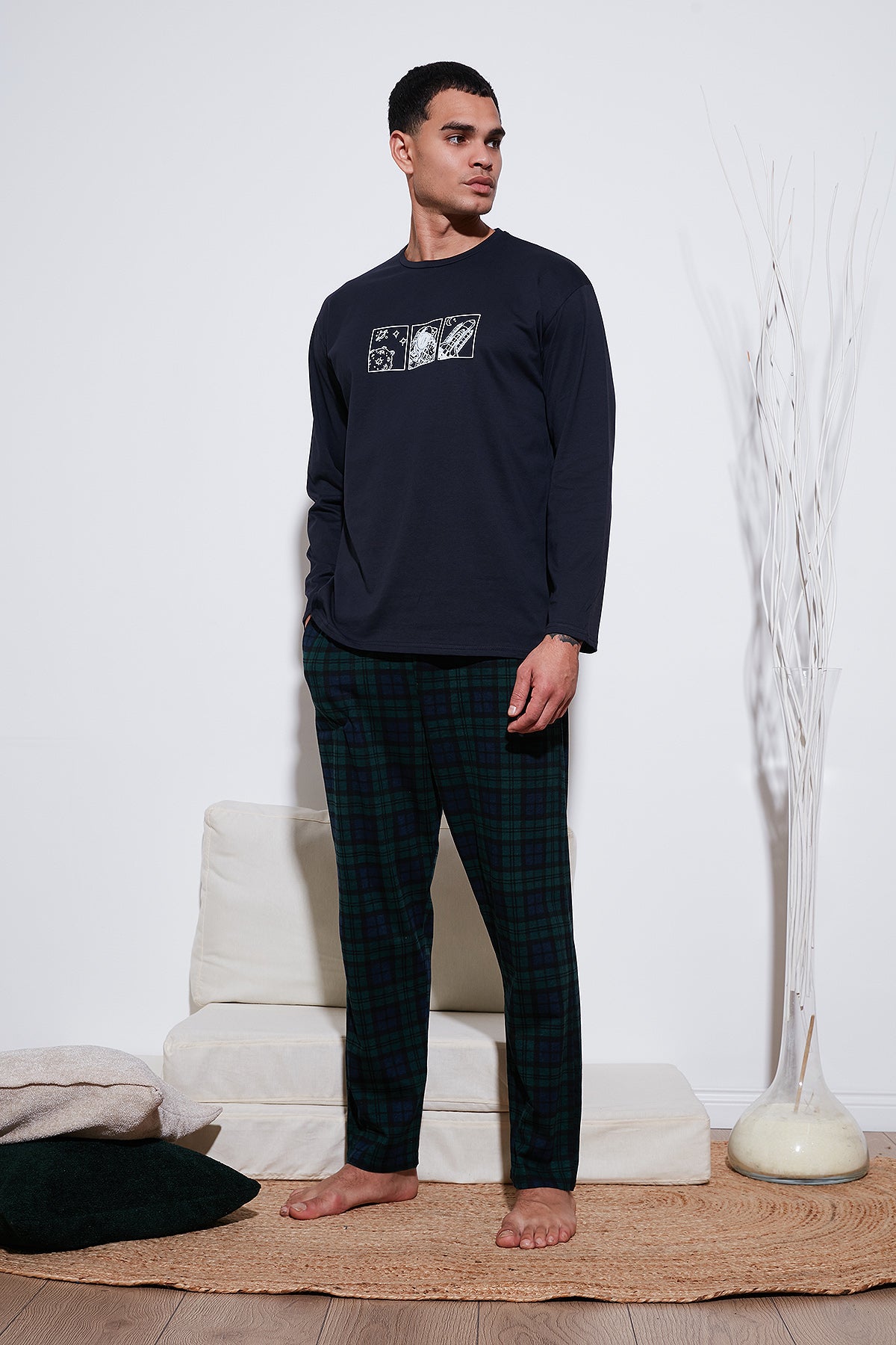 Buratti Ekoseli Pamuklu Regular Fit Yüksek Bel Bisiklet Yaka Erkek Pijama Takımı 6574000 LACİVERT