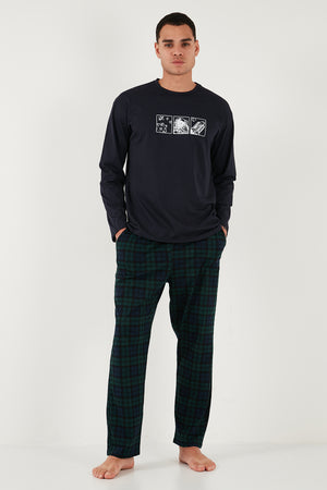 Buratti Ekoseli Pamuklu Regular Fit Yüksek Bel Bisiklet Yaka Erkek Pijama Takımı 6574000 LACİVERT