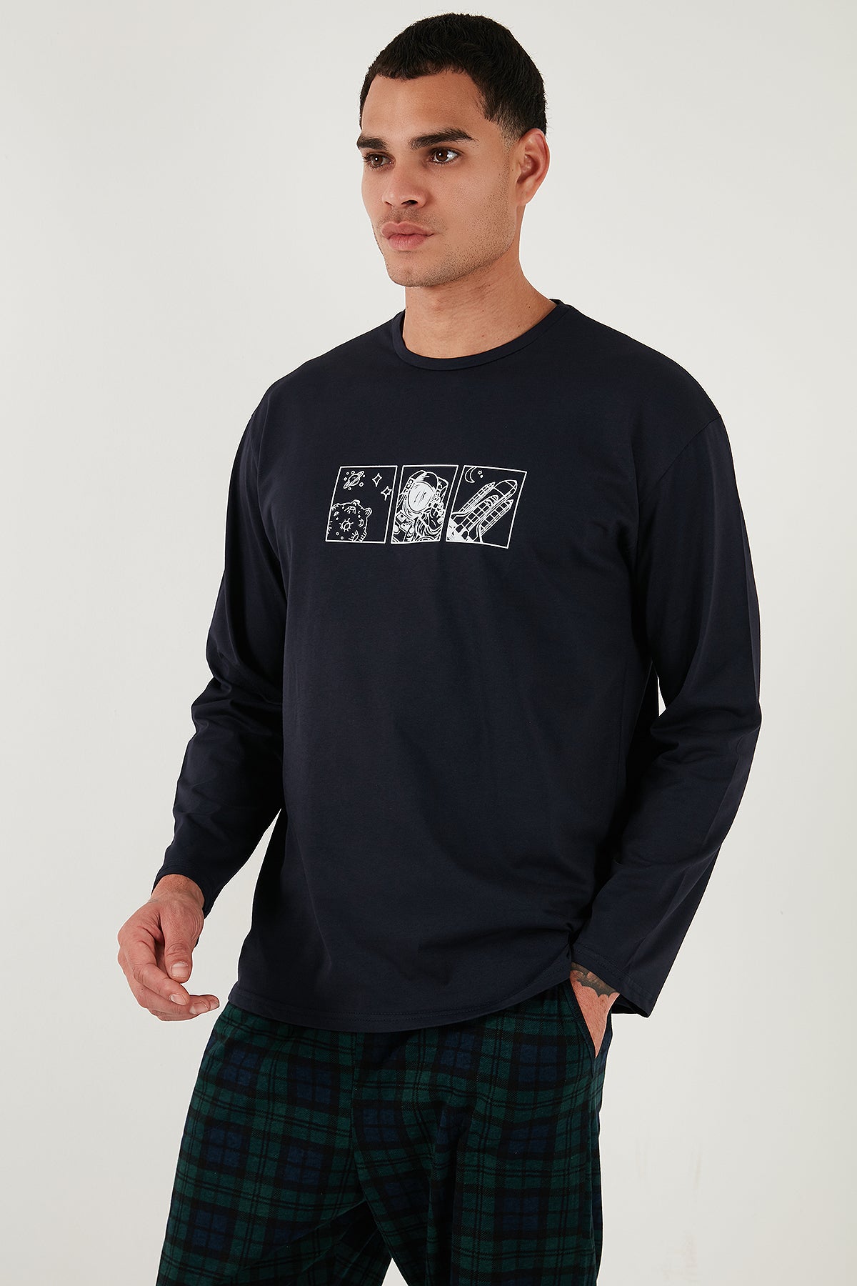 Buratti Ekoseli Pamuklu Regular Fit Yüksek Bel Bisiklet Yaka Erkek Pijama Takımı 6574000 LACİVERT