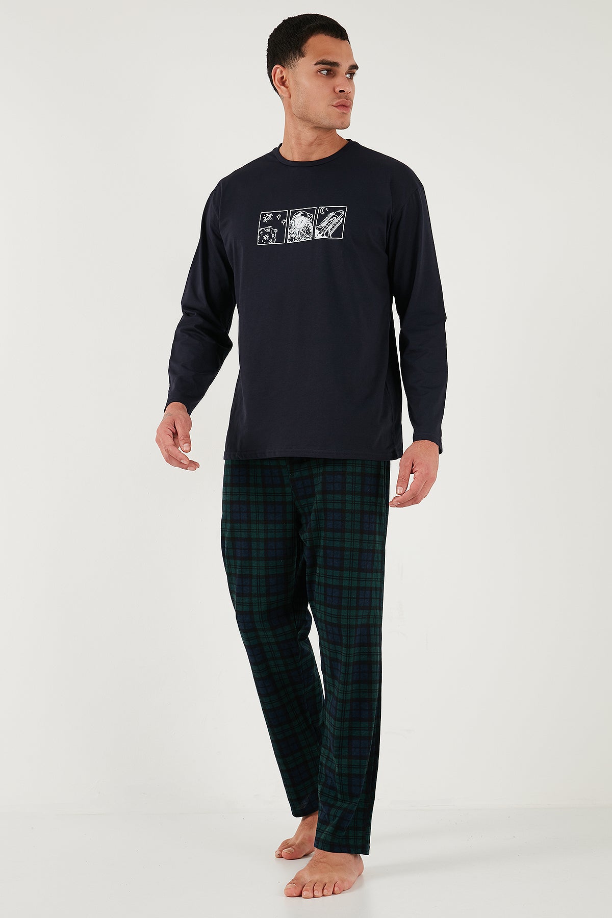 Buratti Ekoseli Pamuklu Regular Fit Yüksek Bel Bisiklet Yaka Erkek Pijama Takımı 6574000 LACİVERT