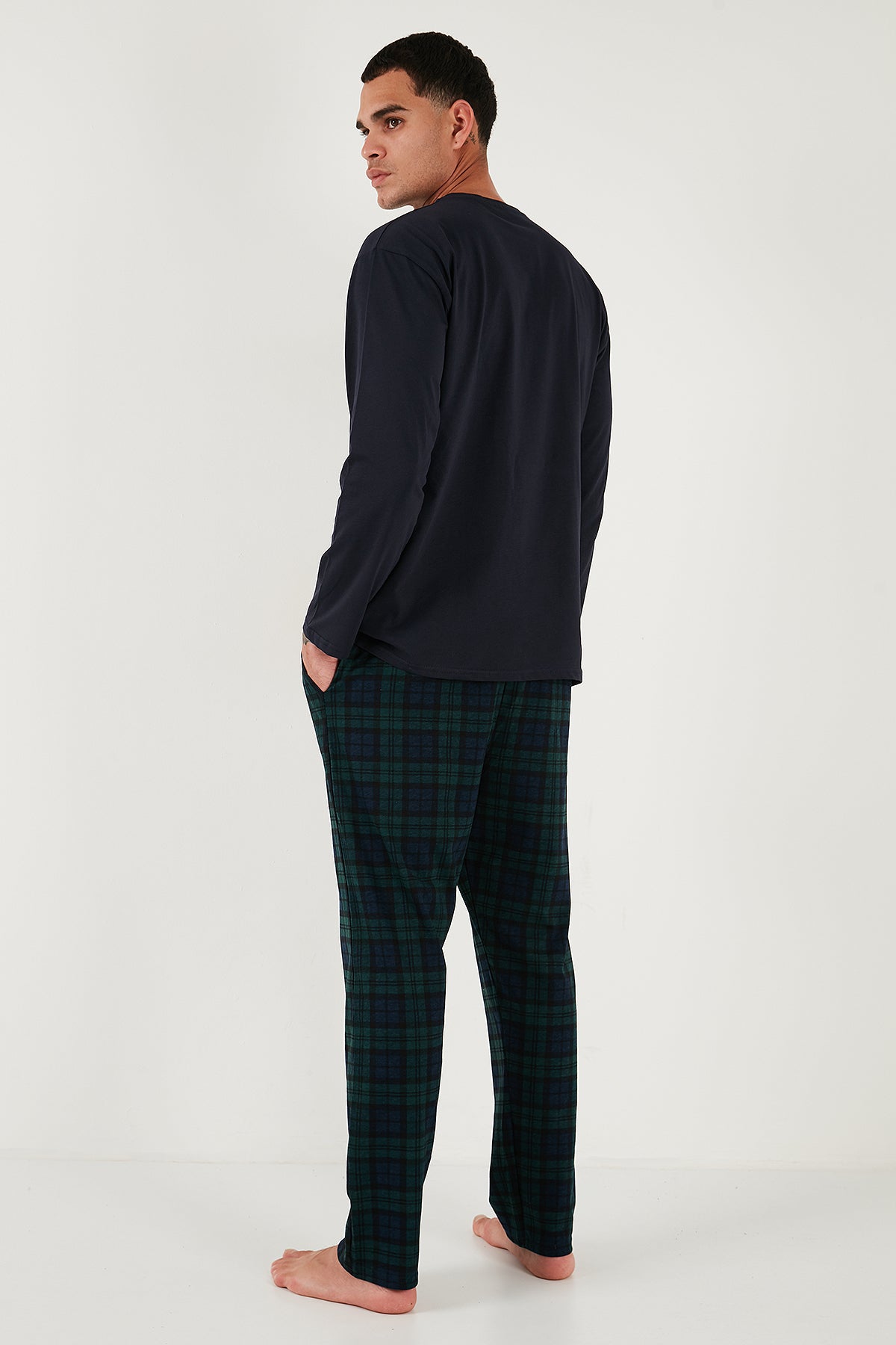 Buratti Ekoseli Pamuklu Regular Fit Yüksek Bel Bisiklet Yaka Erkek Pijama Takımı 6574000 LACİVERT