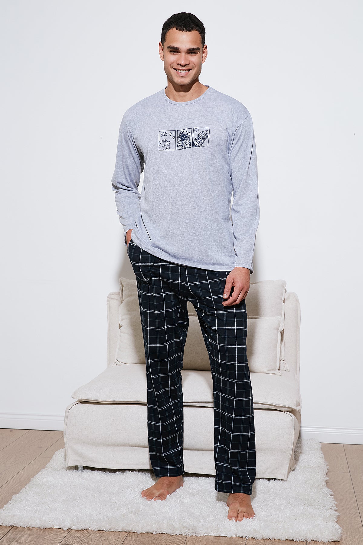 Buratti Ekoseli Pamuklu Regular Fit Yüksek Bel Bisiklet Yaka Erkek Pijama Takımı 6574000 GRİ