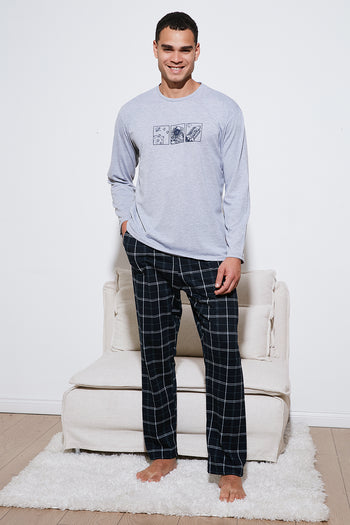 Buratti Ekoseli Pamuklu Regular Fit Yüksek Bel Bisiklet Yaka Erkek Pijama Takımı 6574000 GRİ
