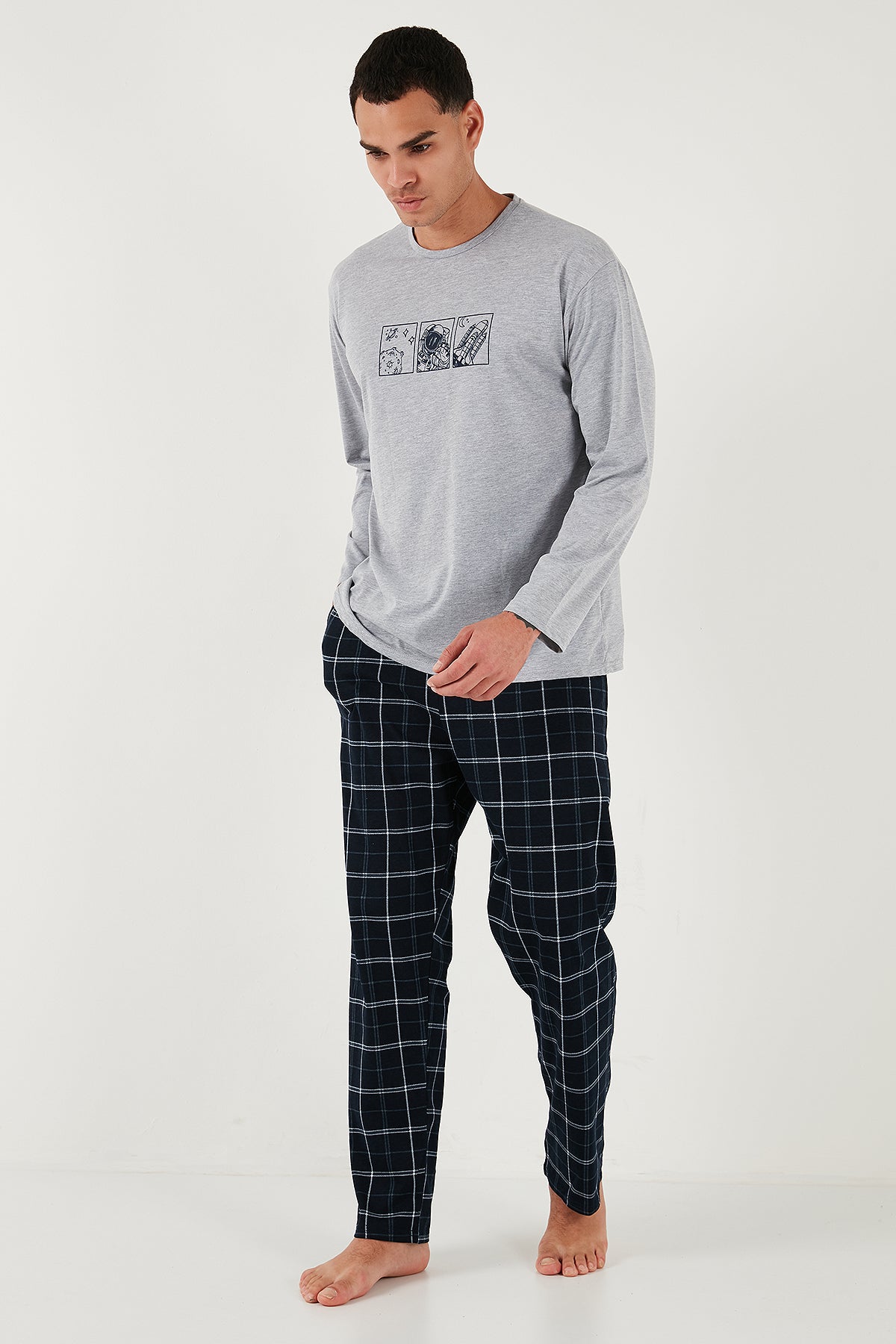Buratti Ekoseli Pamuklu Regular Fit Yüksek Bel Bisiklet Yaka Erkek Pijama Takımı 6574000 GRİ