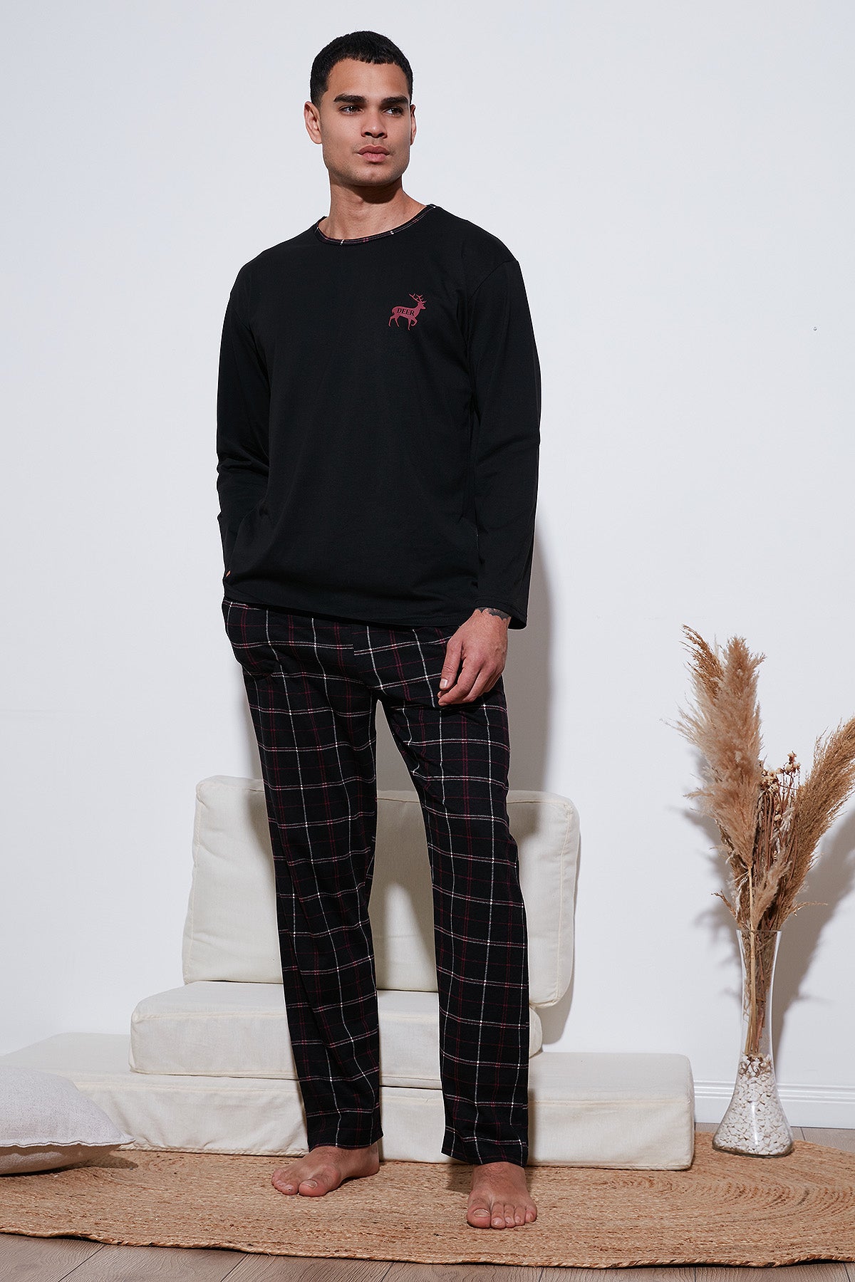 Buratti Pamuklu Regular Fit Bisiklet Yaka Ekoseli Erkek Pijama Takımı 6574001 SİYAH