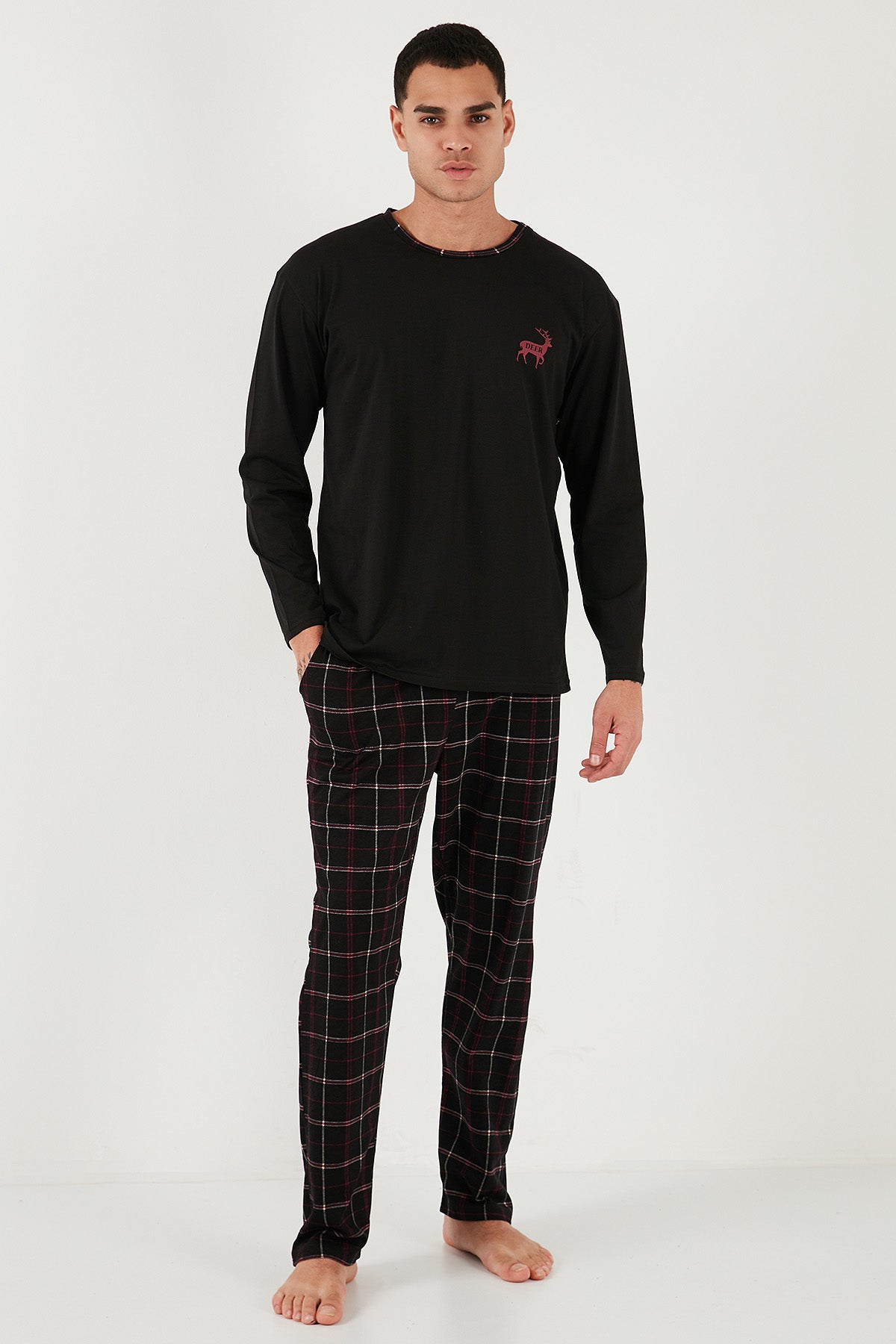 Buratti Pamuklu Regular Fit Bisiklet Yaka Ekoseli Erkek Pijama Takımı 6574001 SİYAH