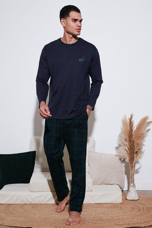 Buratti Pamuklu Regular Fit Bisiklet Yaka Ekoseli Erkek Pijama Takımı 6574001 LACİVERT