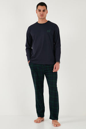 Buratti Pamuklu Regular Fit Bisiklet Yaka Ekoseli Erkek Pijama Takımı 6574001 LACİVERT