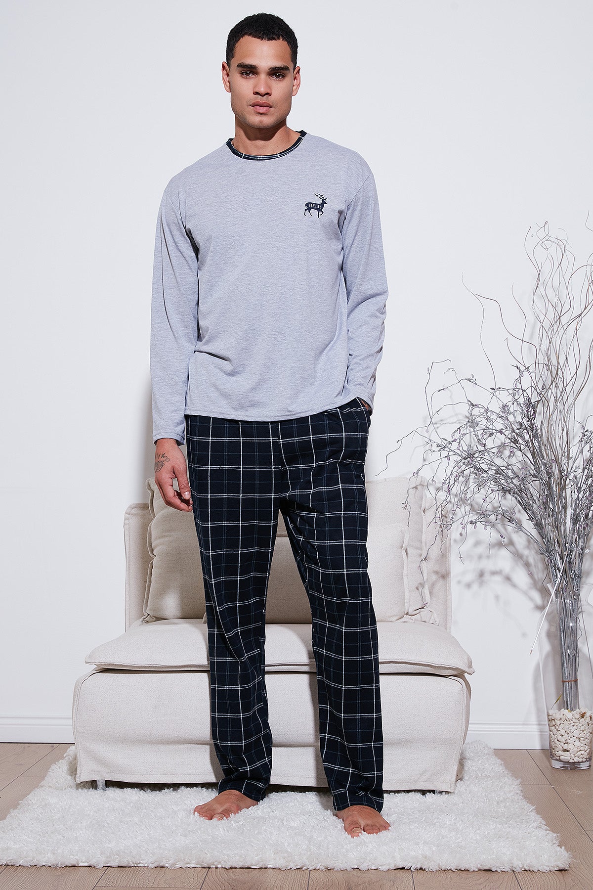 Buratti Pamuklu Regular Fit Bisiklet Yaka Ekoseli Erkek Pijama Takımı 6574001 GRİ