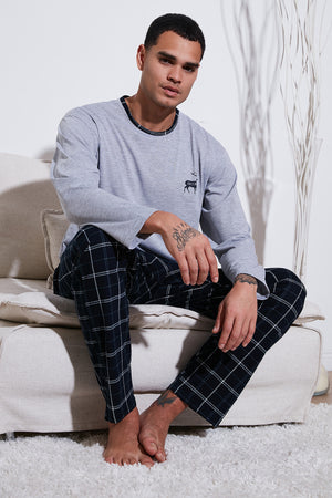 Buratti Pamuklu Regular Fit Bisiklet Yaka Ekoseli Erkek Pijama Takımı 6574001 GRİ