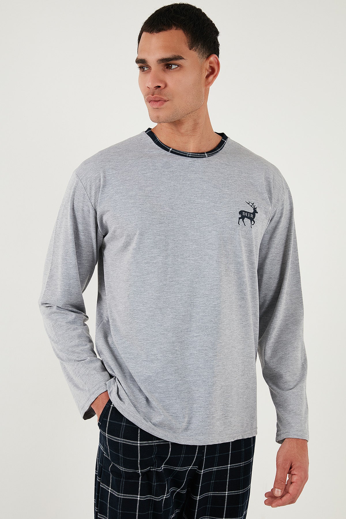 Buratti Pamuklu Regular Fit Bisiklet Yaka Ekoseli Erkek Pijama Takımı 6574001 GRİ