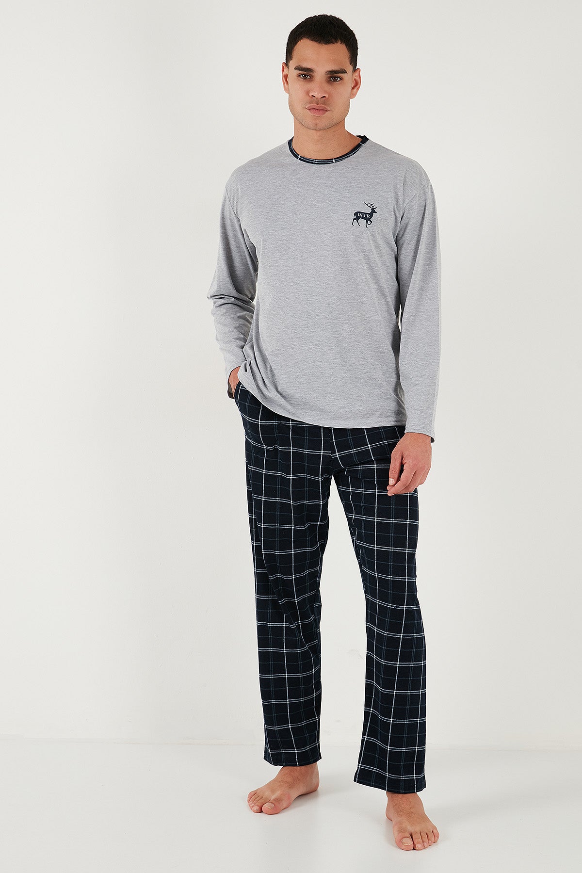 Buratti Pamuklu Regular Fit Bisiklet Yaka Ekoseli Erkek Pijama Takımı 6574001 GRİ