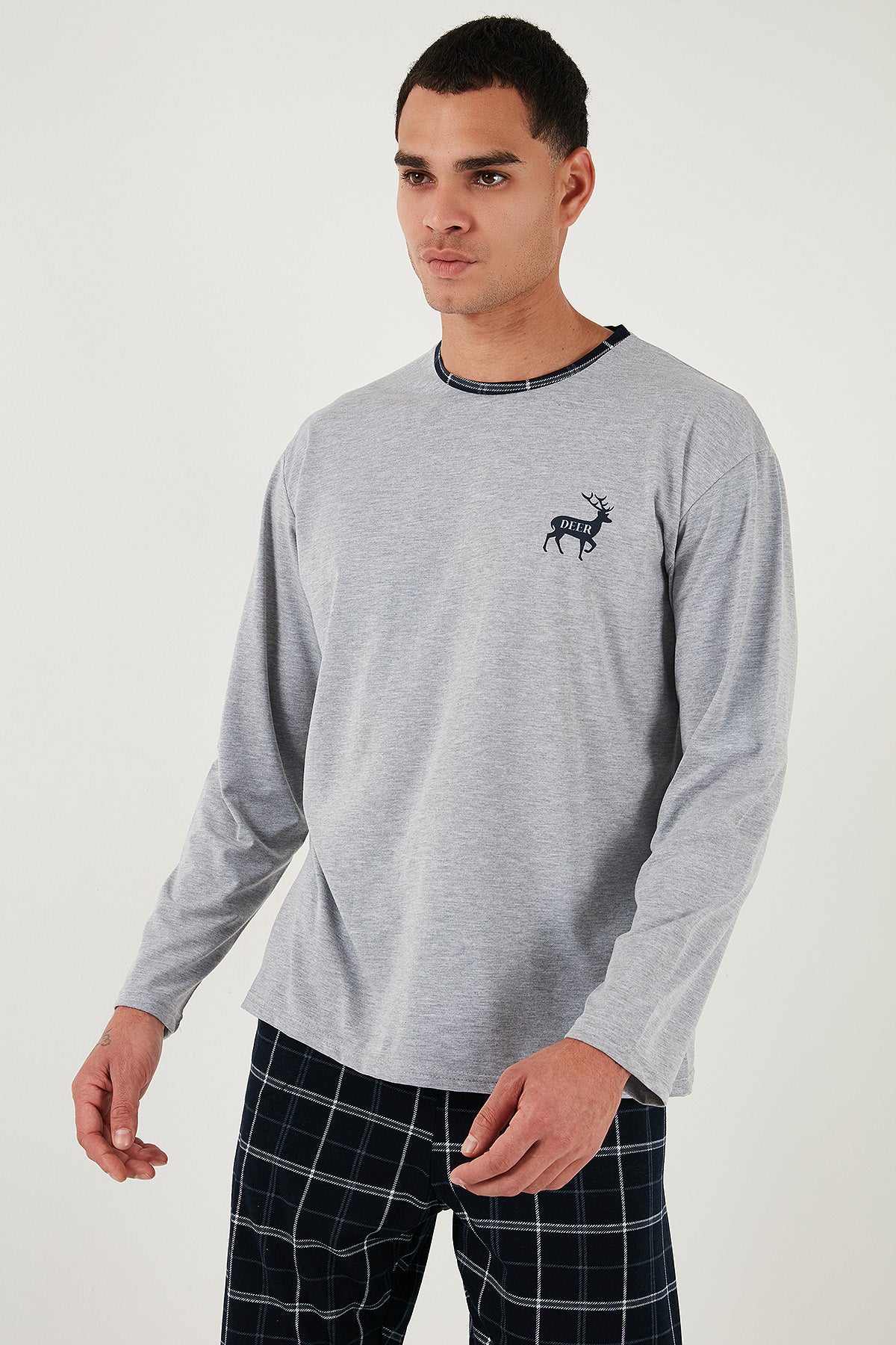 Buratti Pamuklu Regular Fit Bisiklet Yaka Ekoseli Erkek Pijama Takımı 6574001 GRİ