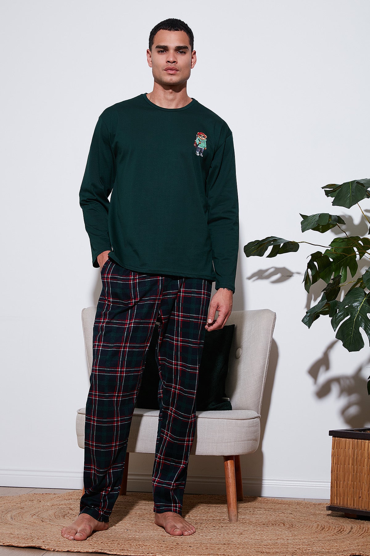 Buratti Ekoseli Regular Fit Yüksek Bel Cepli Bisiklet Yaka Erkek Pijama Takımı 6574002 YEŞİL