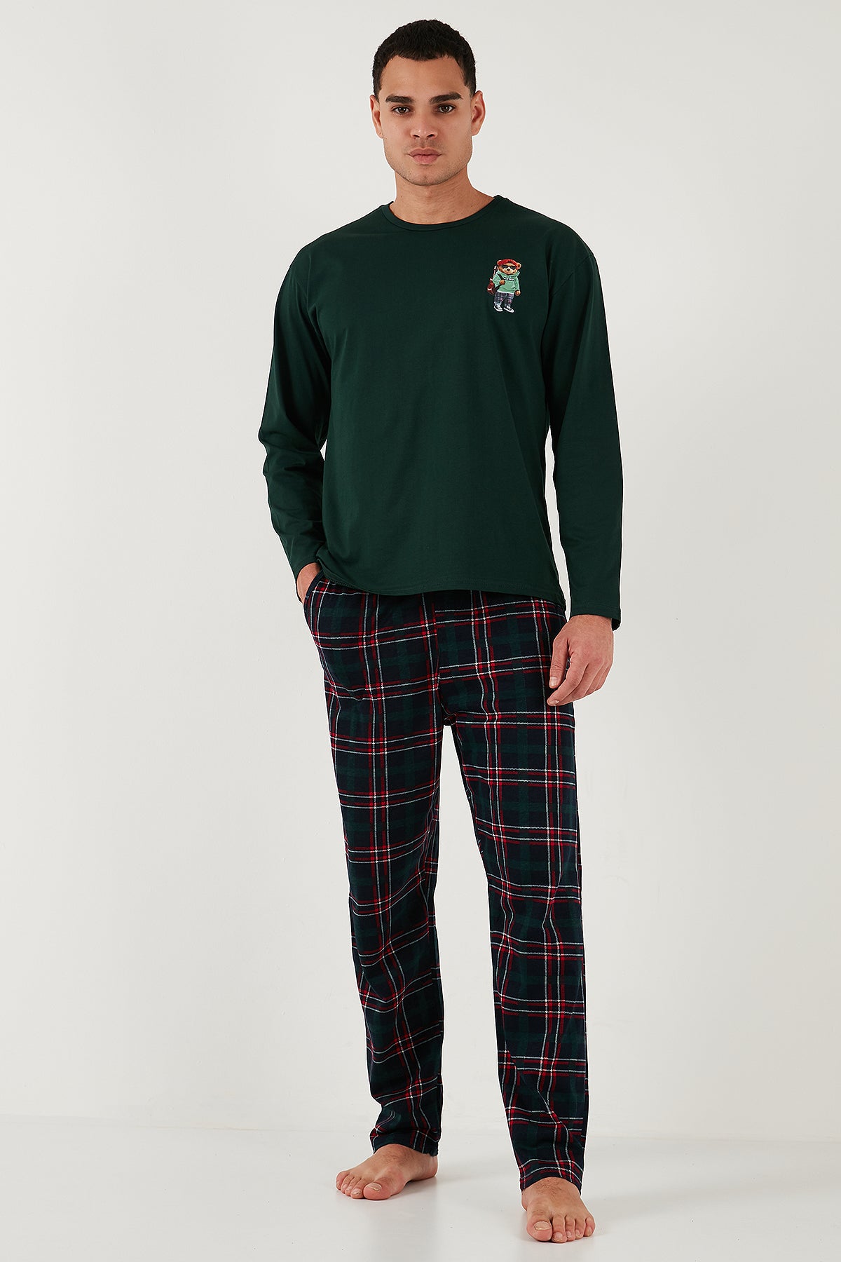 Buratti Ekoseli Regular Fit Yüksek Bel Cepli Bisiklet Yaka Erkek Pijama Takımı 6574002 YEŞİL