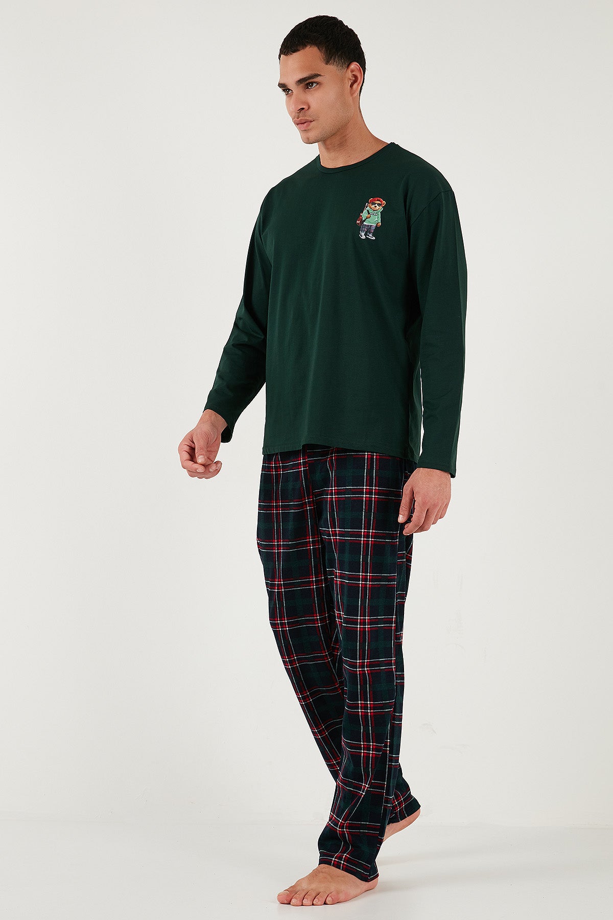 Buratti Ekoseli Regular Fit Yüksek Bel Cepli Bisiklet Yaka Erkek Pijama Takımı 6574002 YEŞİL