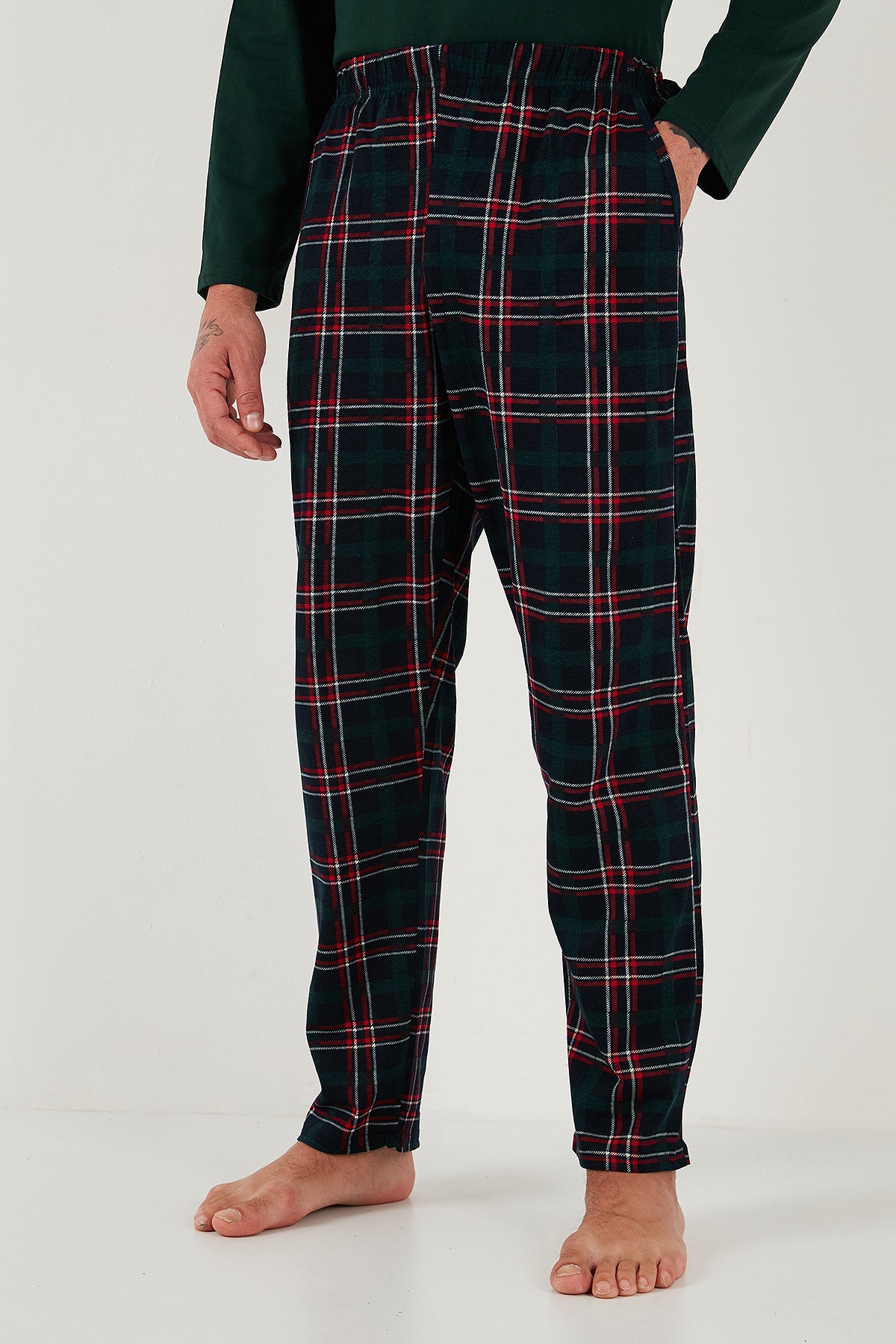 Buratti Ekoseli Regular Fit Yüksek Bel Cepli Bisiklet Yaka Erkek Pijama Takımı 6574002 YEŞİL