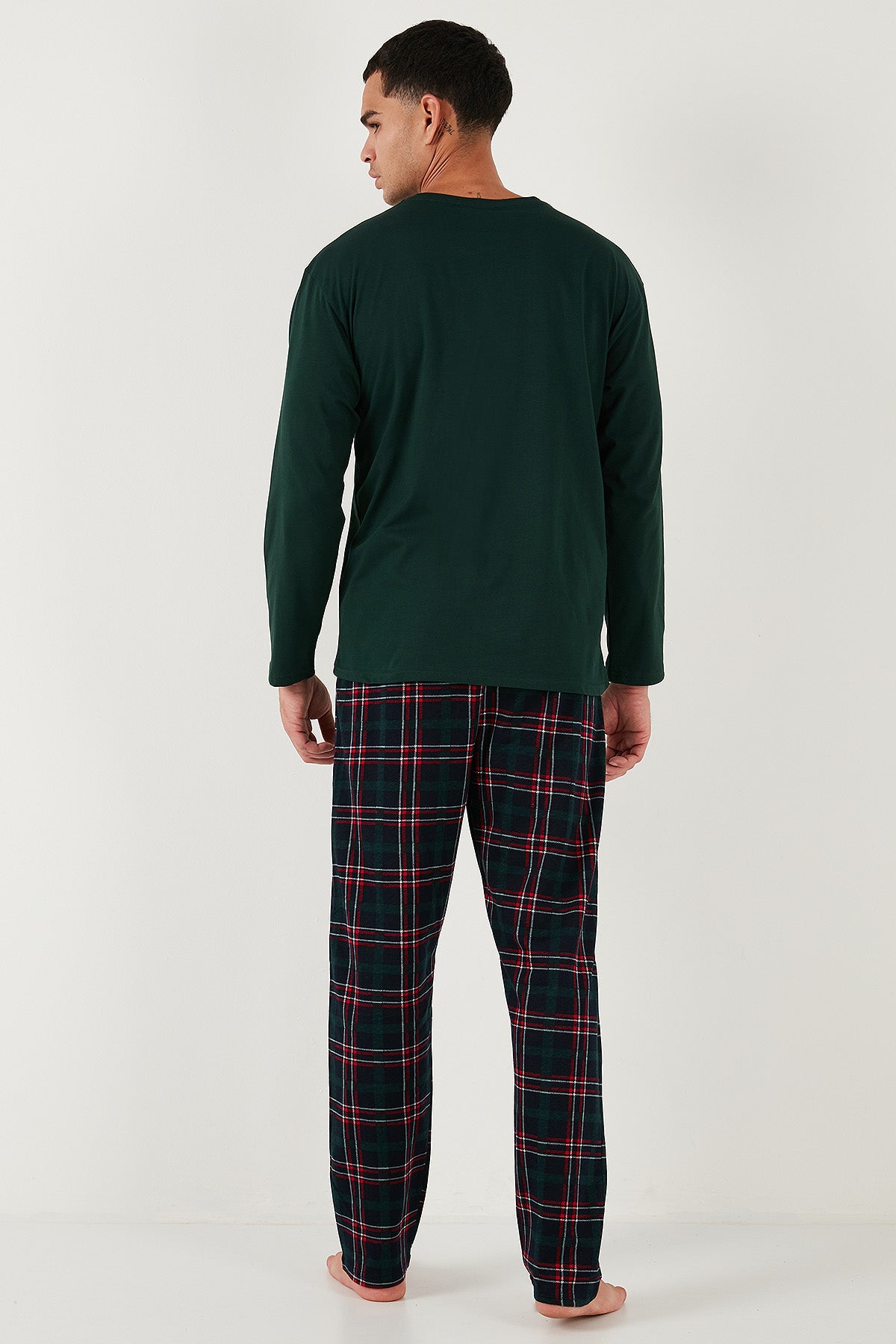 Buratti Ekoseli Regular Fit Yüksek Bel Cepli Bisiklet Yaka Erkek Pijama Takımı 6574002 YEŞİL