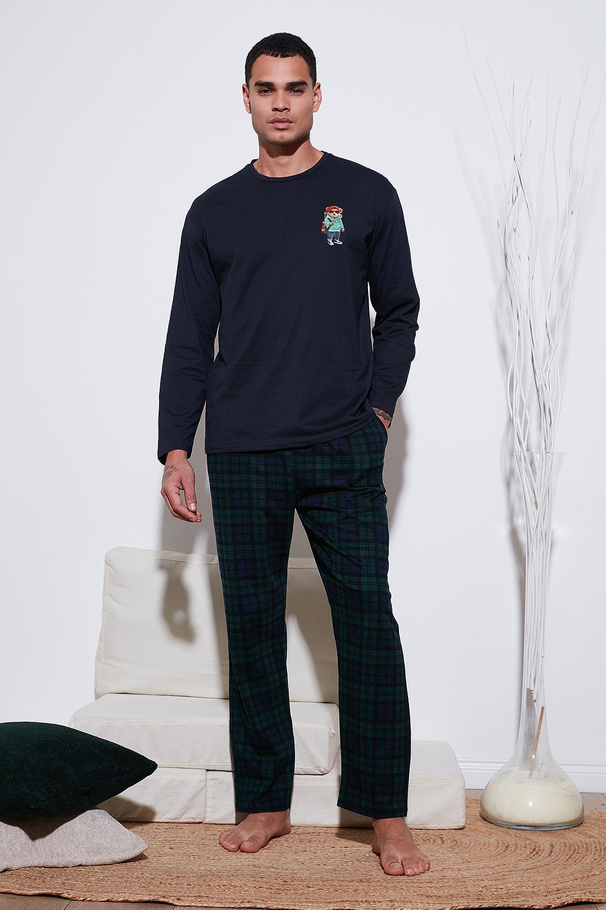 Buratti Ekoseli Regular Fit Yüksek Bel Cepli Bisiklet Yaka Erkek Pijama Takımı 6574002 LACİVERT