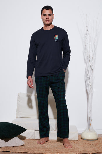 Buratti Ekoseli Regular Fit Yüksek Bel Cepli Bisiklet Yaka Erkek Pijama Takımı 6574002 LACİVERT