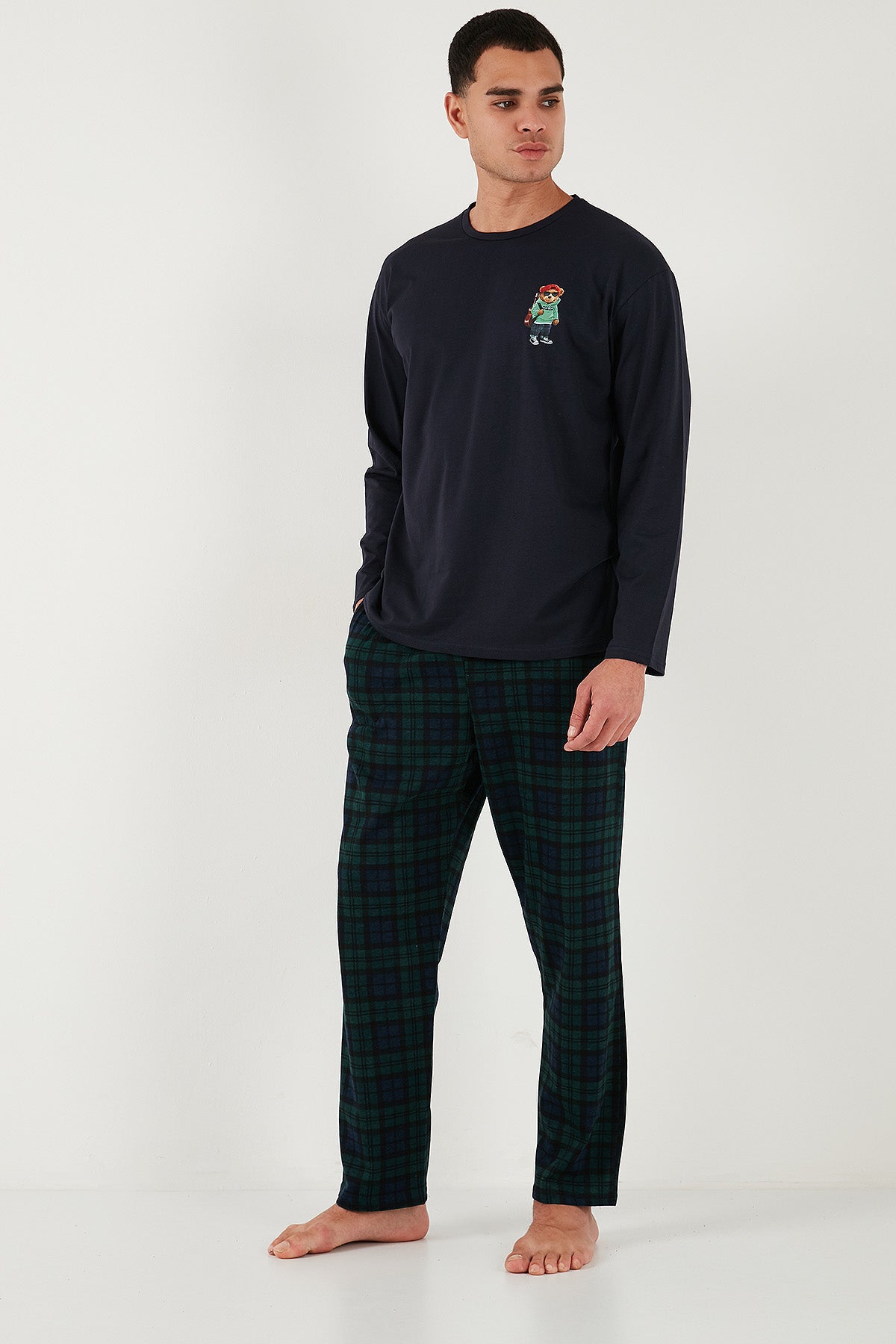 Buratti Ekoseli Regular Fit Yüksek Bel Cepli Bisiklet Yaka Erkek Pijama Takımı 6574002 LACİVERT