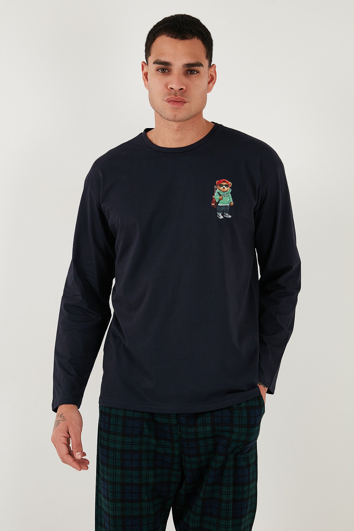 Buratti Ekoseli Regular Fit Yüksek Bel Cepli Bisiklet Yaka Erkek Pijama Takımı 6574002 LACİVERT