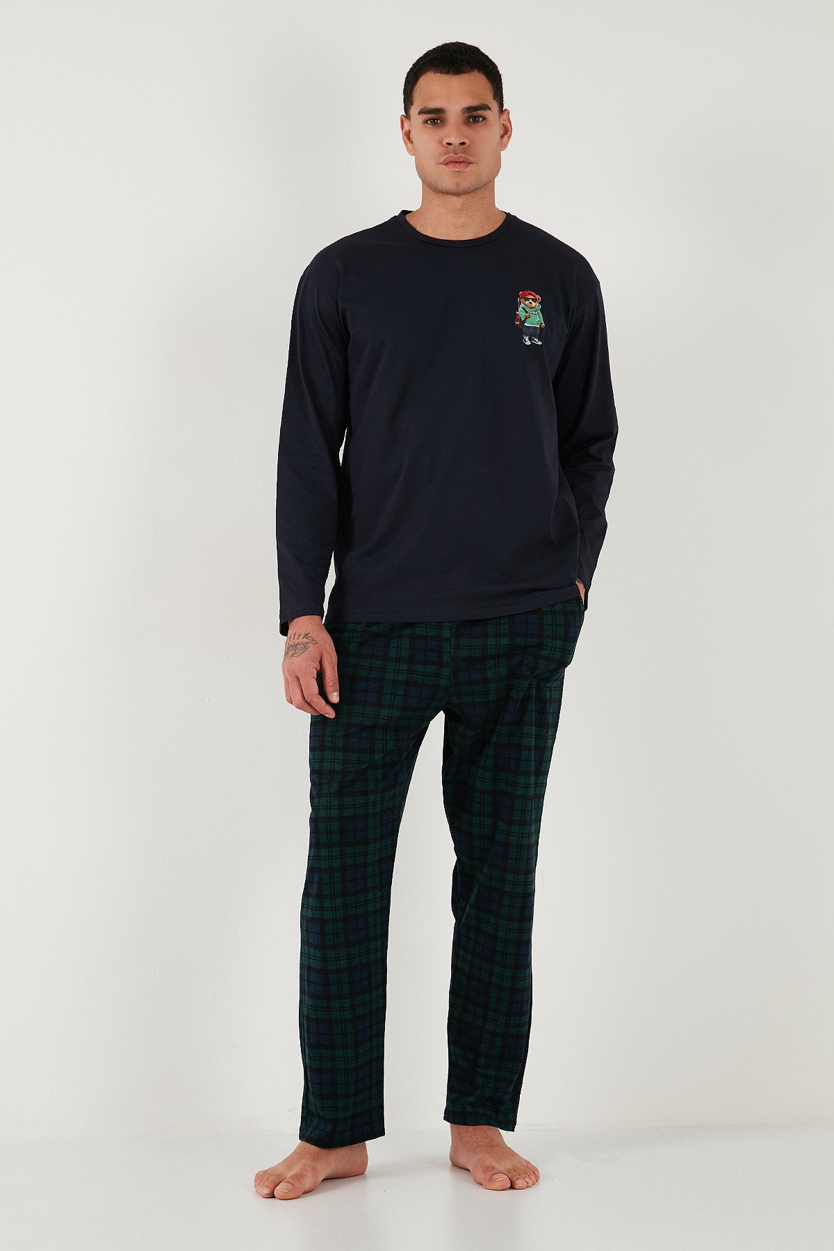 Buratti Ekoseli Regular Fit Yüksek Bel Cepli Bisiklet Yaka Erkek Pijama Takımı 6574002 LACİVERT