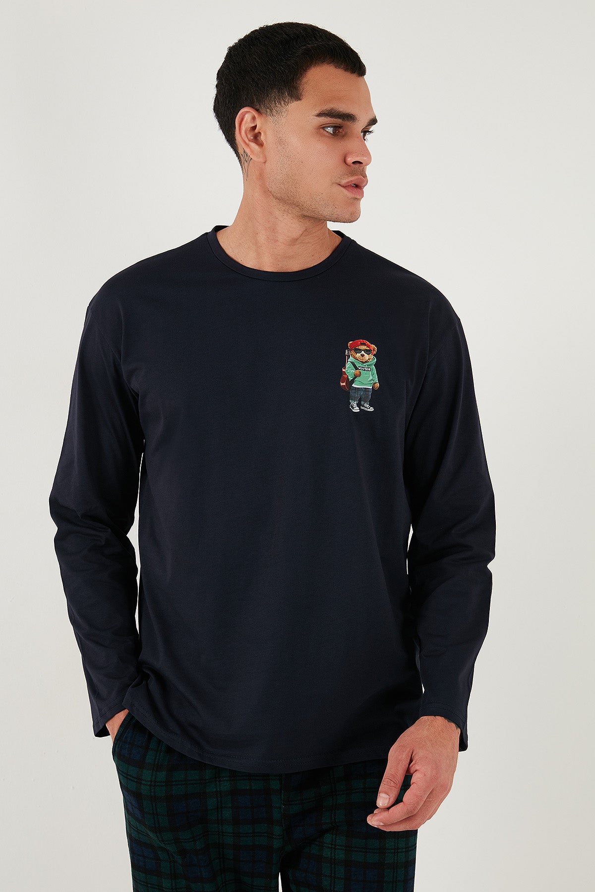 Buratti Ekoseli Regular Fit Yüksek Bel Cepli Bisiklet Yaka Erkek Pijama Takımı 6574002 LACİVERT