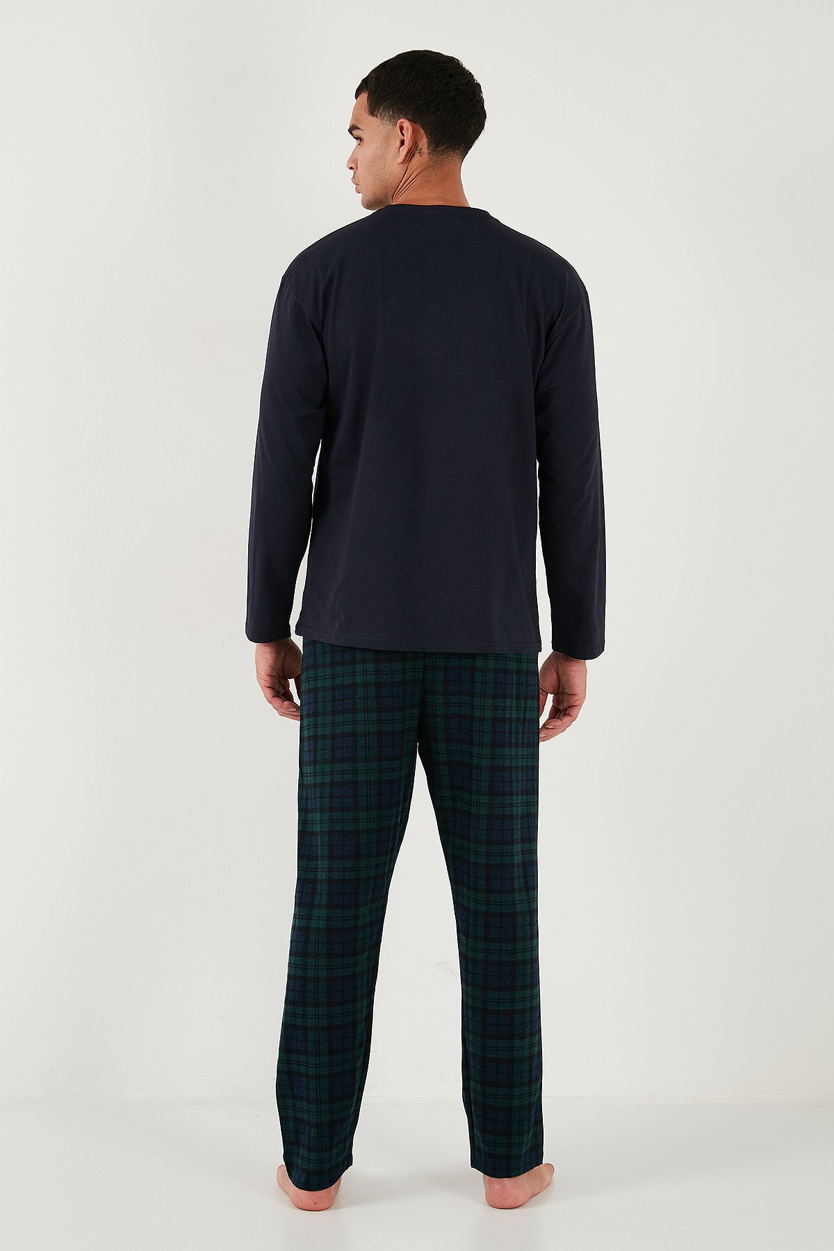 Buratti Ekoseli Regular Fit Yüksek Bel Cepli Bisiklet Yaka Erkek Pijama Takımı 6574002 LACİVERT