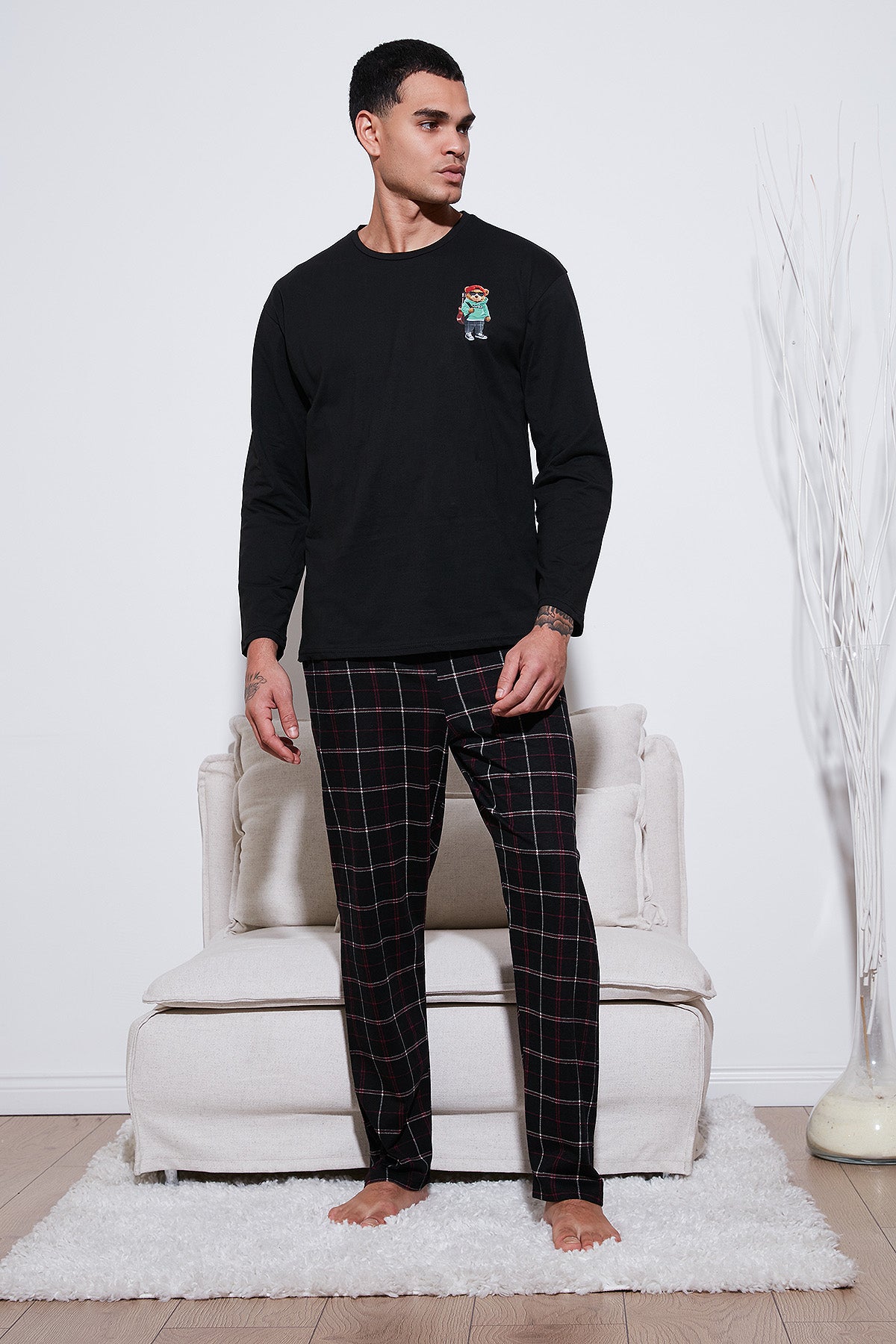 Buratti Ekoseli Regular Fit Yüksek Bel Cepli Bisiklet Yaka Erkek Pijama Takımı 6574002 SİYAH-SİYAH