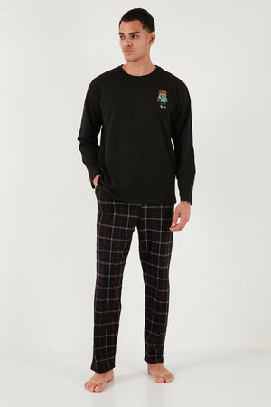 Buratti Ekoseli Regular Fit Yüksek Bel Cepli Bisiklet Yaka Erkek Pijama Takımı 6574002 SİYAH-SİYAH