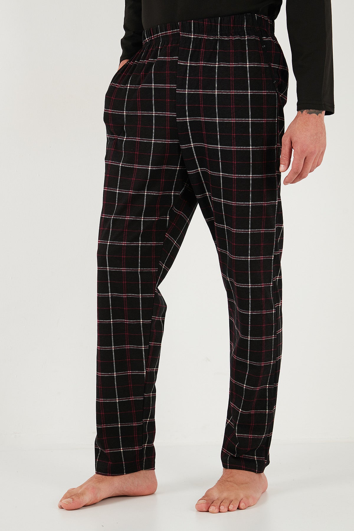 Buratti Ekoseli Regular Fit Yüksek Bel Cepli Bisiklet Yaka Erkek Pijama Takımı 6574002 SİYAH-SİYAH