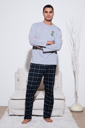 Buratti Ekoseli Regular Fit Yüksek Bel Cepli Bisiklet Yaka Erkek Pijama Takımı 6574002 GRİ