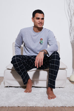 Buratti Ekoseli Regular Fit Yüksek Bel Cepli Bisiklet Yaka Erkek Pijama Takımı 6574002 GRİ