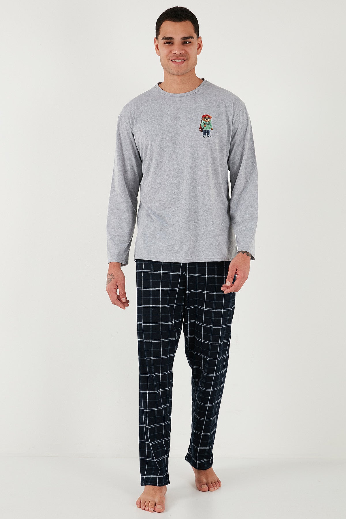 Buratti Ekoseli Regular Fit Yüksek Bel Cepli Bisiklet Yaka Erkek Pijama Takımı 6574002 GRİ
