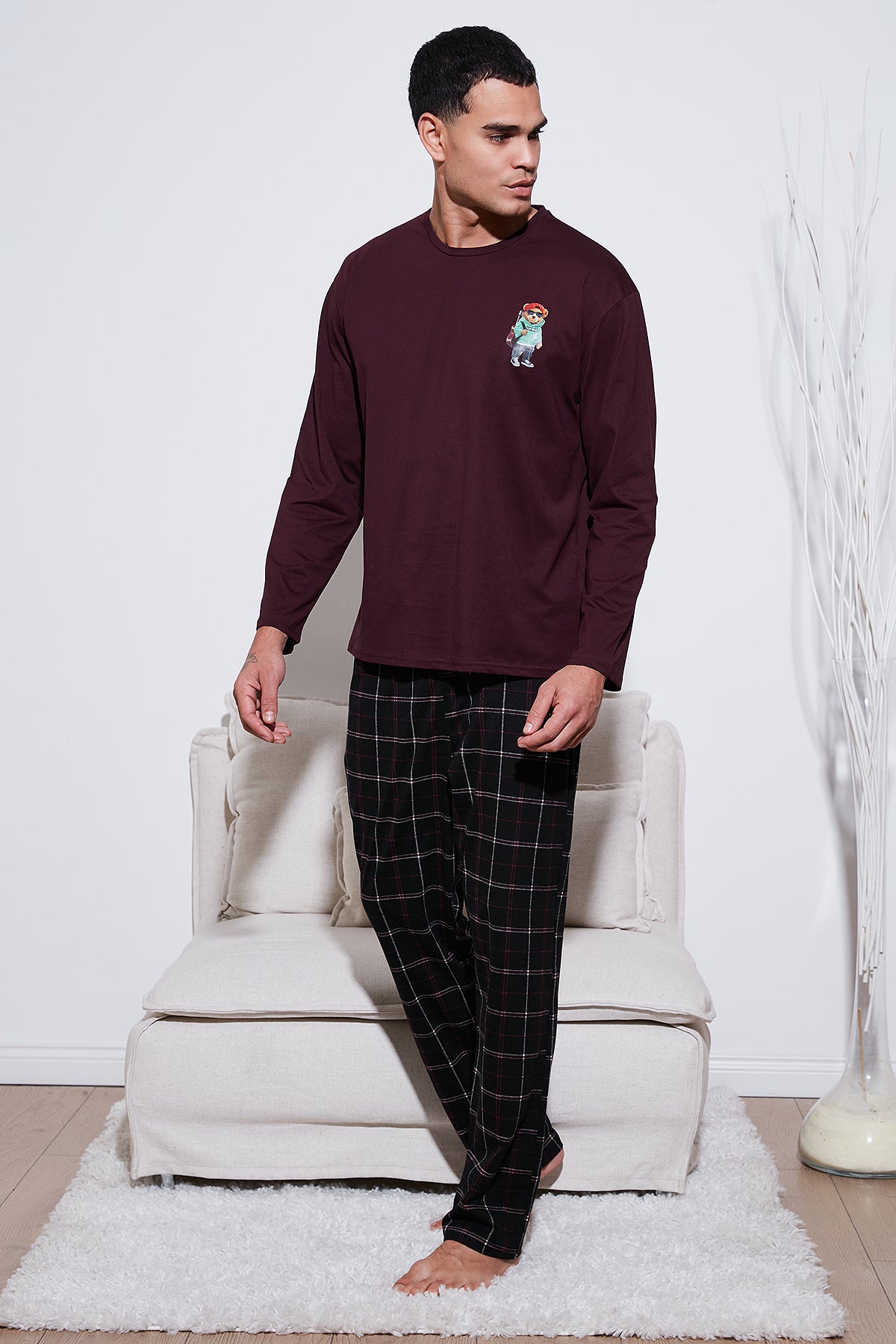 Buratti Ekoseli Regular Fit Yüksek Bel Cepli Bisiklet Yaka Erkek Pijama Takımı 6574002 SİYAH-BORDO