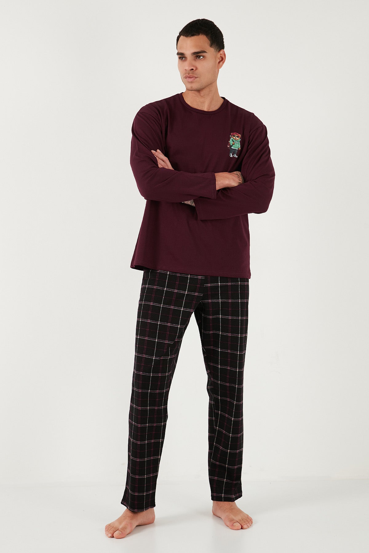 Buratti Ekoseli Regular Fit Yüksek Bel Cepli Bisiklet Yaka Erkek Pijama Takımı 6574002 SİYAH-BORDO