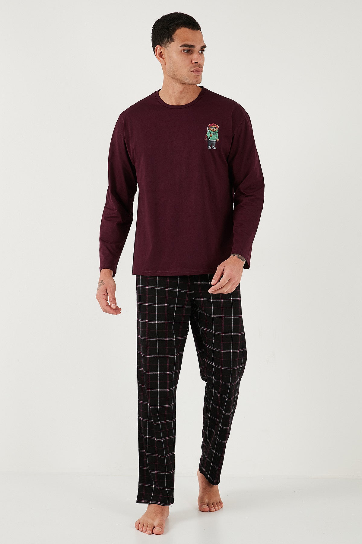 Buratti Ekoseli Regular Fit Yüksek Bel Cepli Bisiklet Yaka Erkek Pijama Takımı 6574002 SİYAH-BORDO