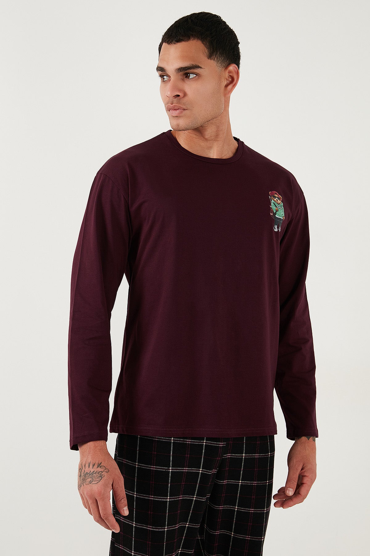 Buratti Ekoseli Regular Fit Yüksek Bel Cepli Bisiklet Yaka Erkek Pijama Takımı 6574002 SİYAH-BORDO