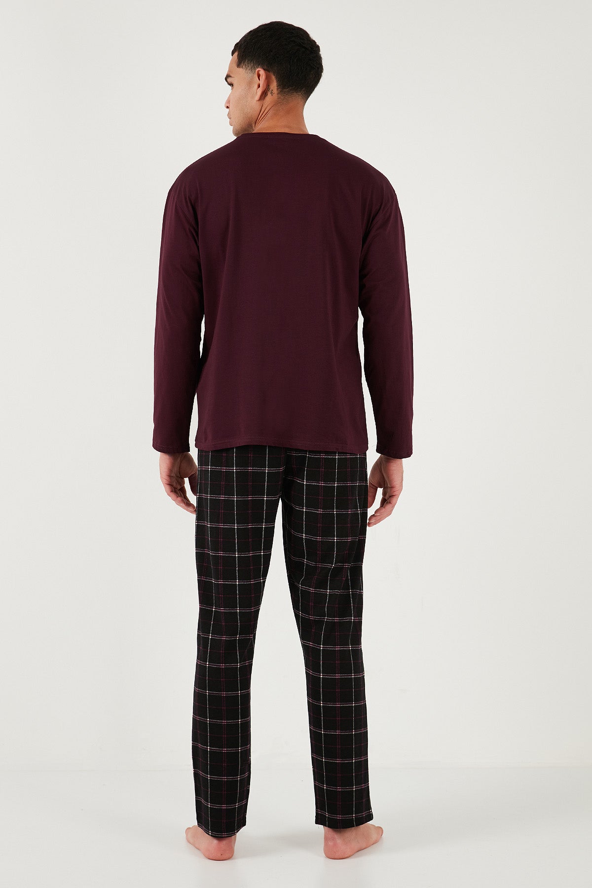 Buratti Ekoseli Regular Fit Yüksek Bel Cepli Bisiklet Yaka Erkek Pijama Takımı 6574002 SİYAH-BORDO