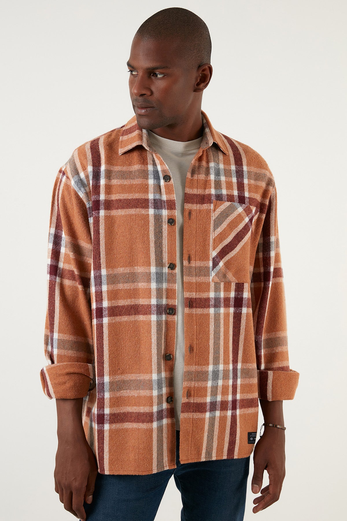 Buratti Ekoseli Tek Cepli Regular Fit Kışlık Oduncu Erkek Gömlek CF23W194571 CAMEL